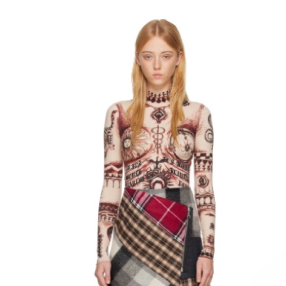 Marine Serre Tops - Marine Serre Beige Geotic Tattoo Turtleneck